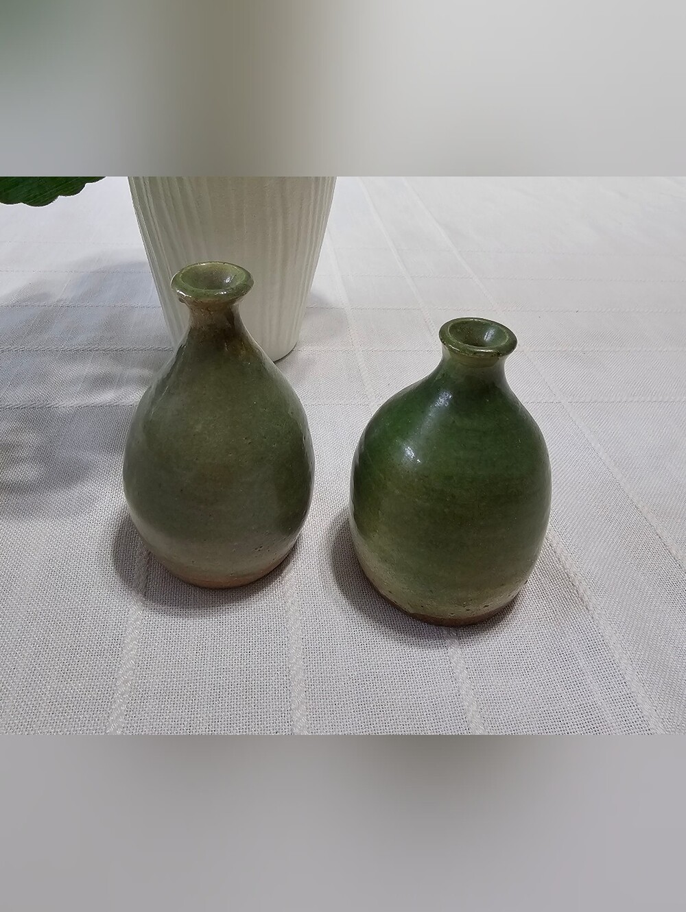 Signed Quebec Studio Pottery Green Stoneware Bud Vases Set of 2